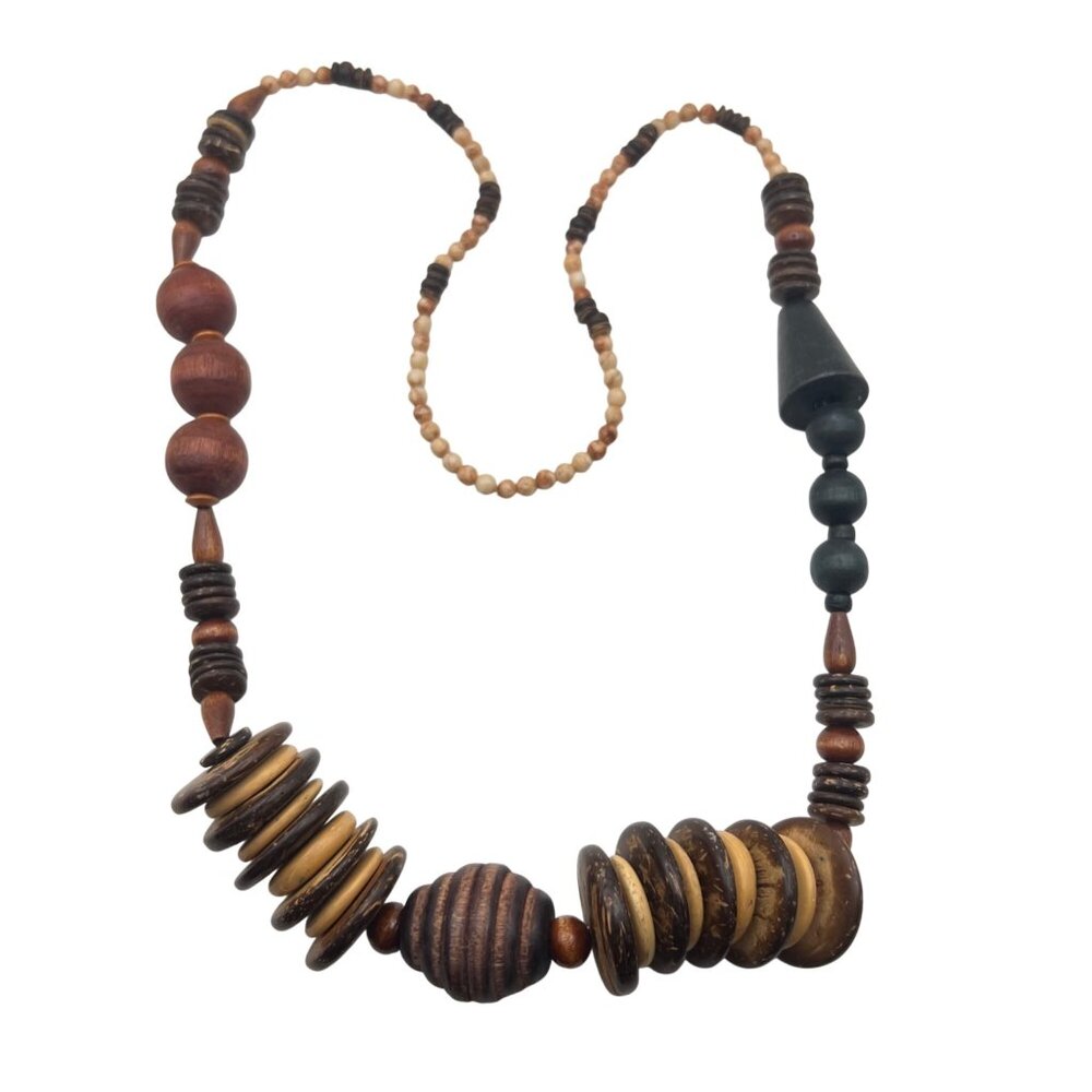 Chunky 27" Boho Wood Coconut Shell Statement Necklace Tribal Throw Over Festival - Picture 2 of 9